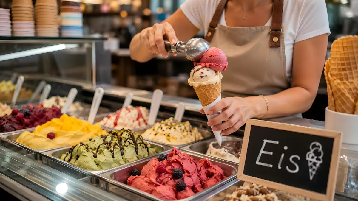 Eisverkäuferin füllt bunten Eishörnchen an Gelato-Theke