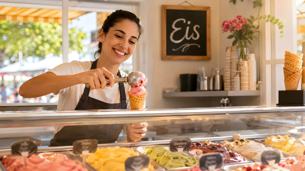 Eisverkäuferin serviert Eiskugeln in einer Waffel