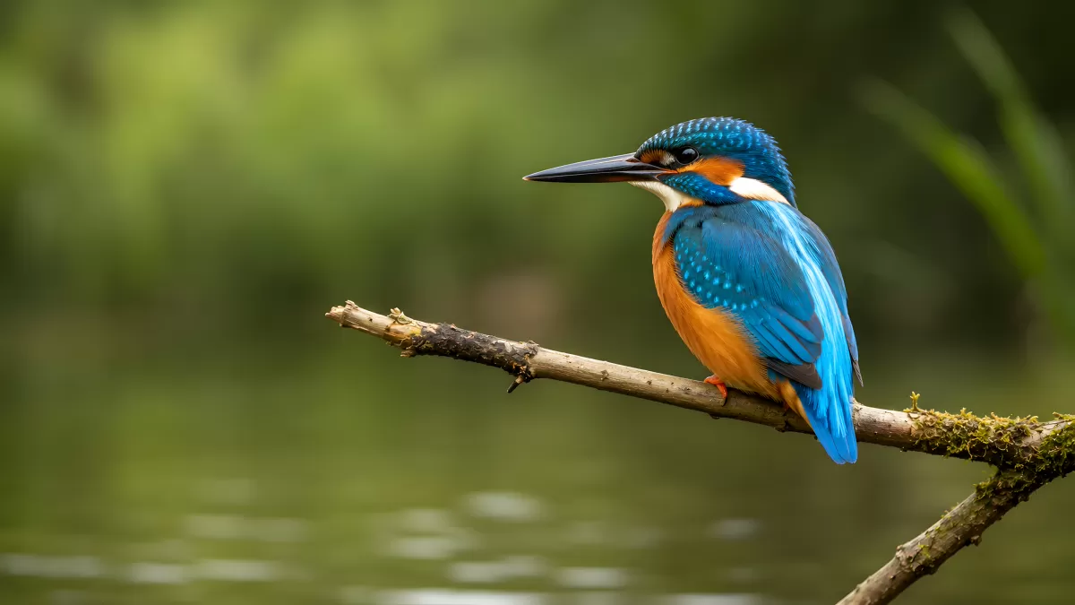 Eisvogel sitzt auf Ast über ruhigem Gewässer