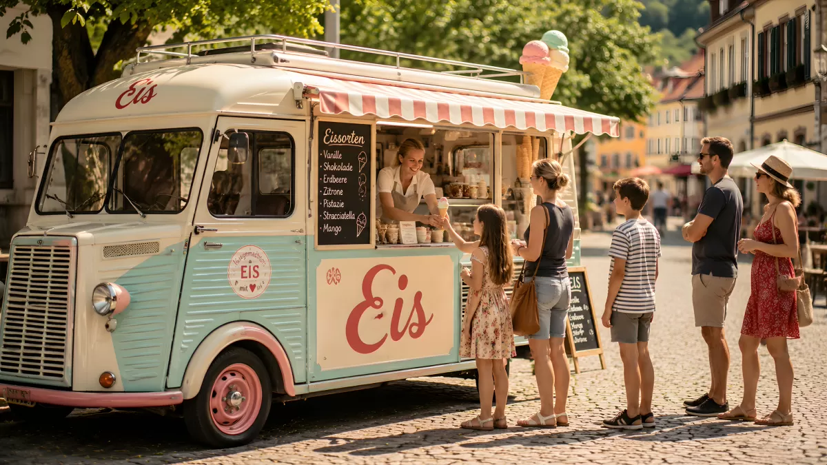 Eiswagen auf Kopfsteinpflaster mit Familie im Sommer