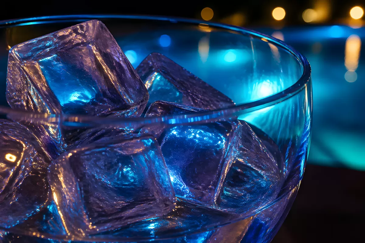 Eiswürfel im Glas mit blauem Nachtlicht