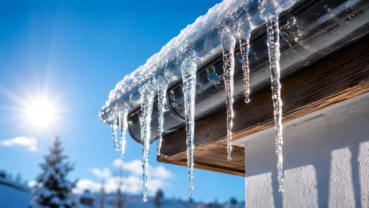 Eiszapfen am Dachrand im strahlenden Winterlicht