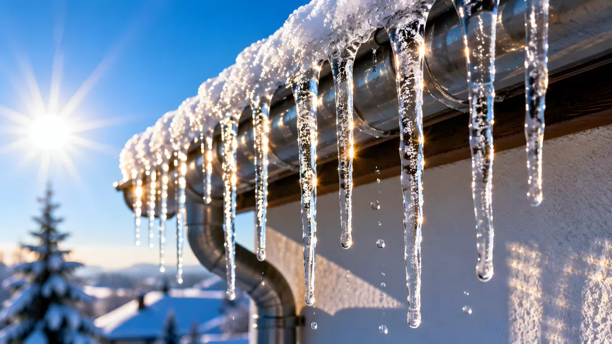 Eiszapfen an verschneiter Dachrinne im Winterlicht
