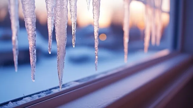 Eiszapfen hängen an gefrorener Fensterscheibe