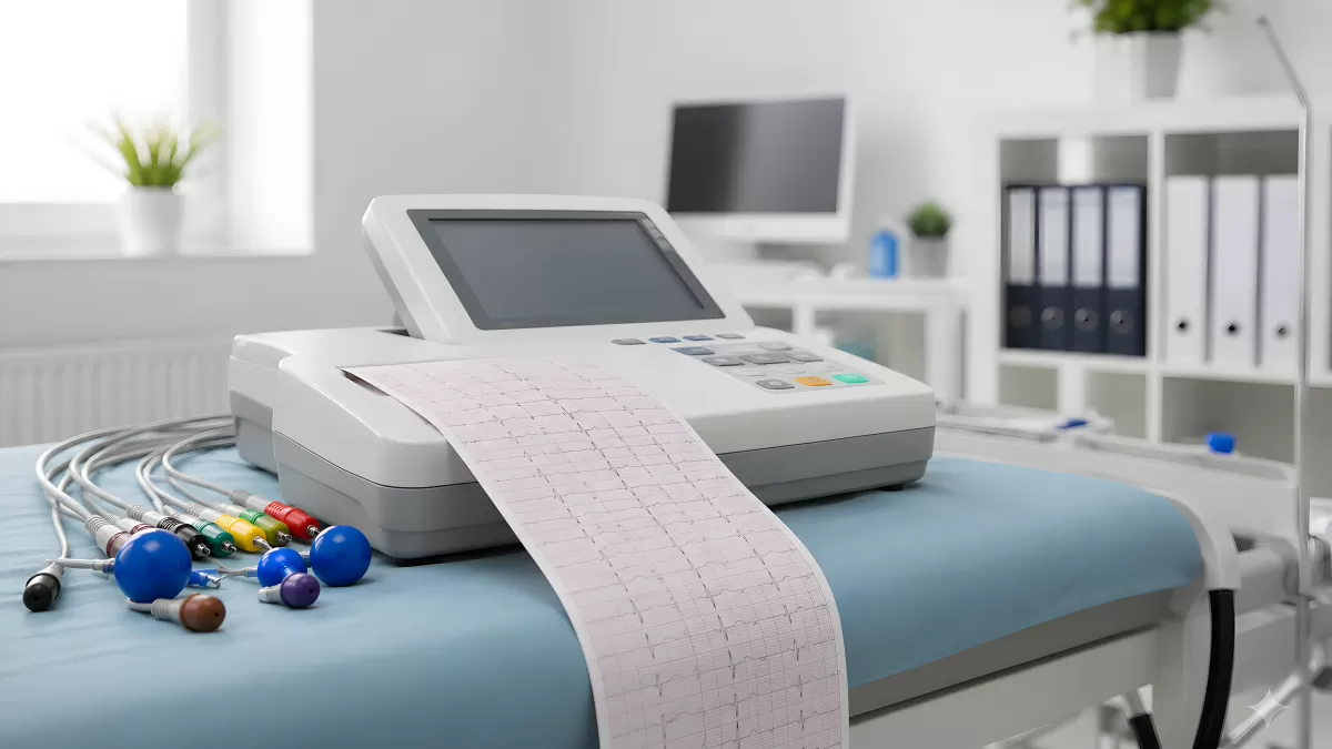 EKG-Gerät mit Herzrhythmusstreifen in Arztpraxis