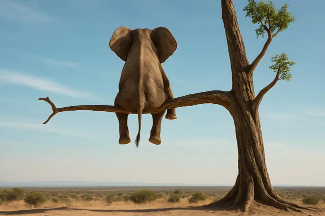 Elefant auf Baumast in der afrikanischen Savanne