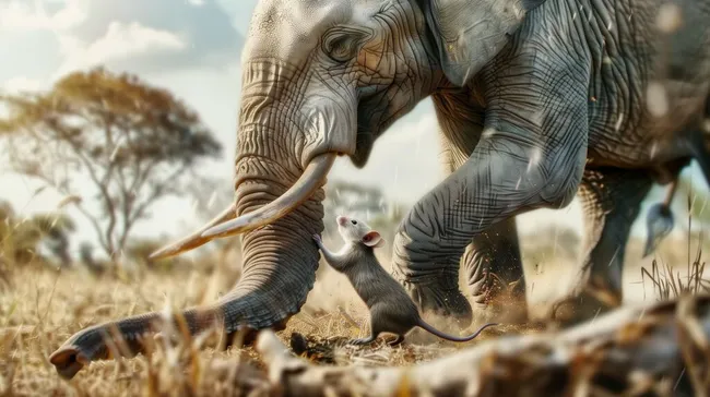 Elefant beschützt Maus in der afrikanischen Savanne