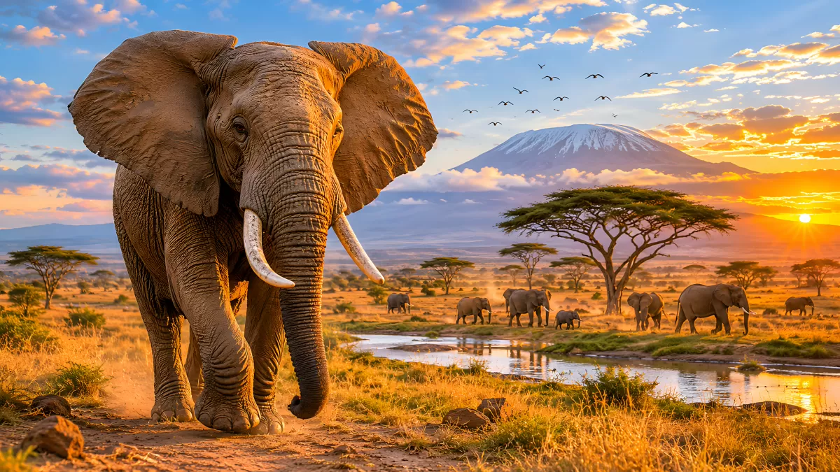Elefant in der Savanne vor dem Kilimandscharo