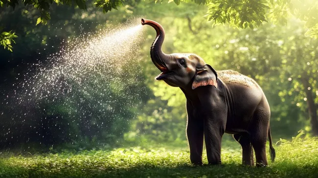 Elefant spritzt Wasser in sonnigem Walddickicht