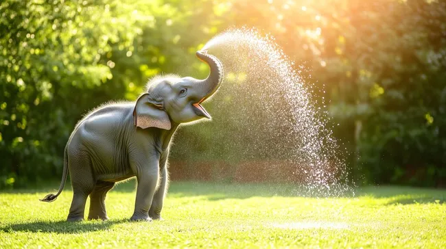 Elefant sprüht Wasser in der Sonne