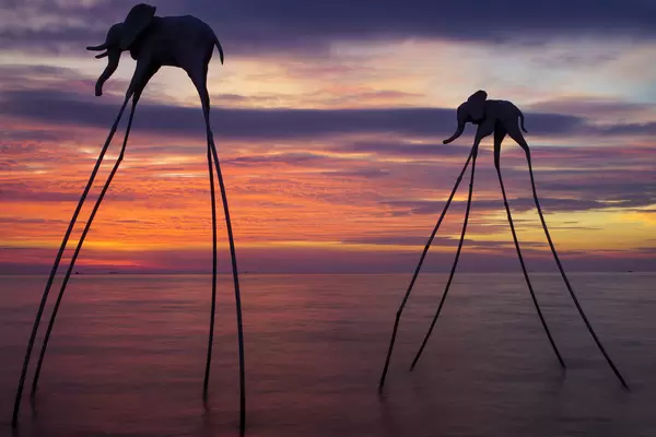 Elefanten auf Stelzen im Meer bei Sonnenuntergang auf der Insel Phu Quoc in Vietnam Langzeitbelichtung