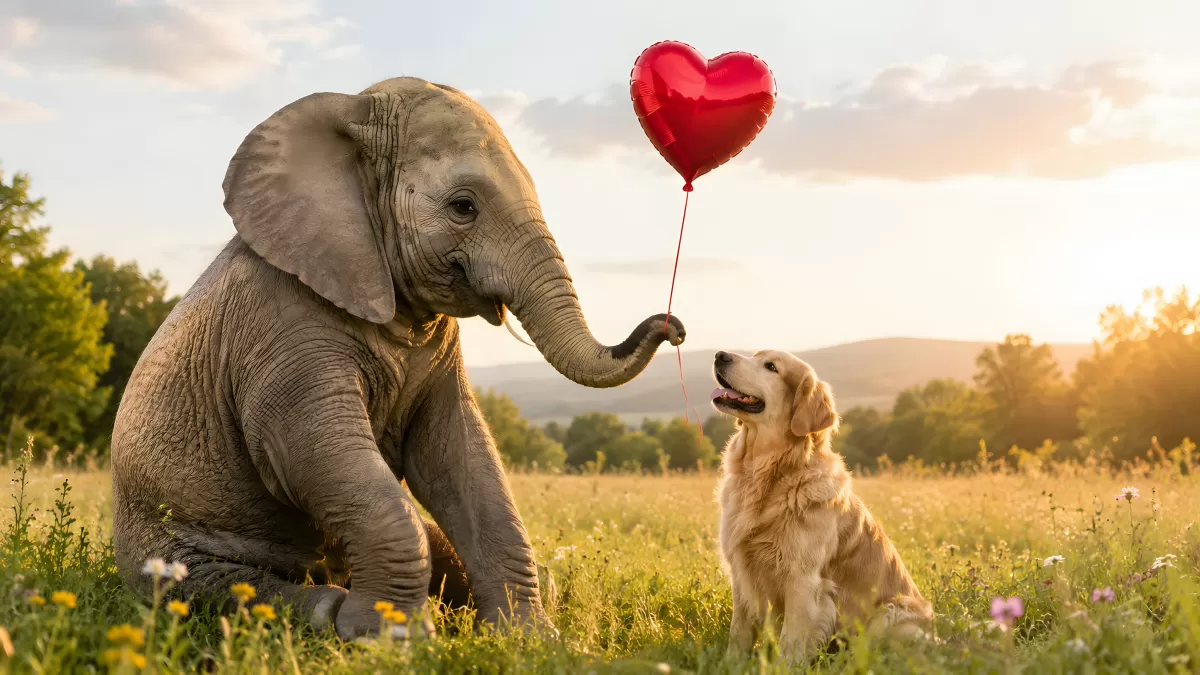 Elefantenbaby überreicht Hund einen Herzluftballon