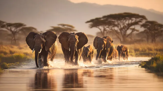 Elefantenherde durchquert Wasser in Afrikanischer Savanne