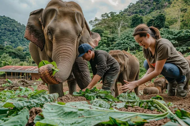 Elefantenpfleger bei der Gartenarbeit