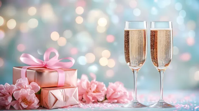 Elegant Champagne Celebration with Gifts and Flowers