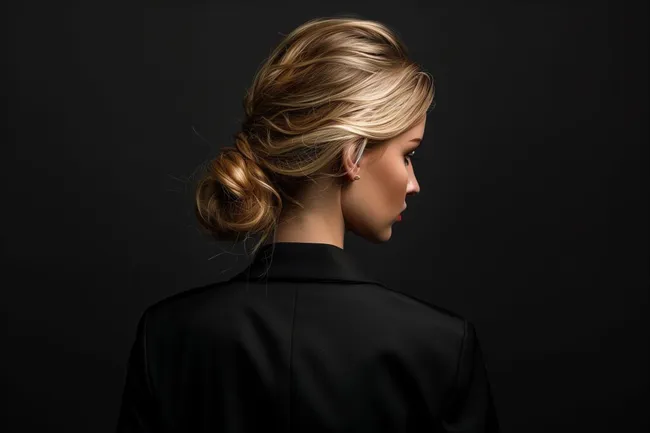 Elegant gekleidete Frau mit geschmackvoller Frisur