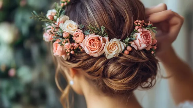 Elegant gesteckte Brautfrisur mit Blumenkranz