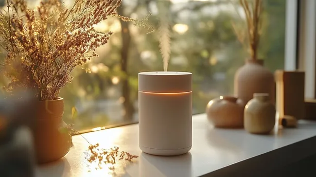 Elegant luftbefeuchtendes Gerät mit warmem Licht auf Fensterbank