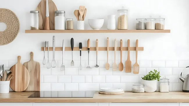 Elegant organisierte Küche mit Holzutensilien und modernen Geräten
