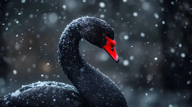 Elegant schwimmender Schwan im Schneefall