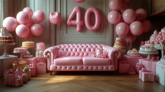 Elegante 40. Geburtstagsfeier in Rosa: Dekoriert mit Ballons und Geschenken