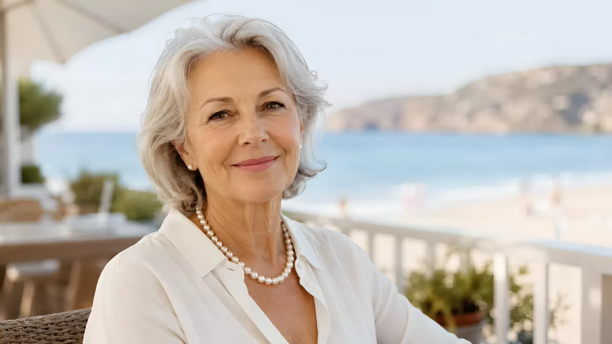 Elegante ältere Frau mit Perlenkette am Meer