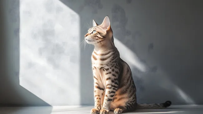 Elegante Bengalkatze betrachtet Umgebung durch Fenster