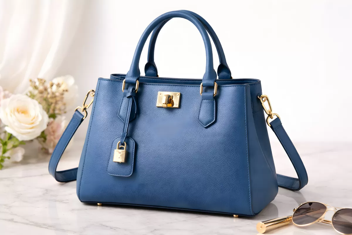 Elegante blaue Lederhandtasche mit Golddetails