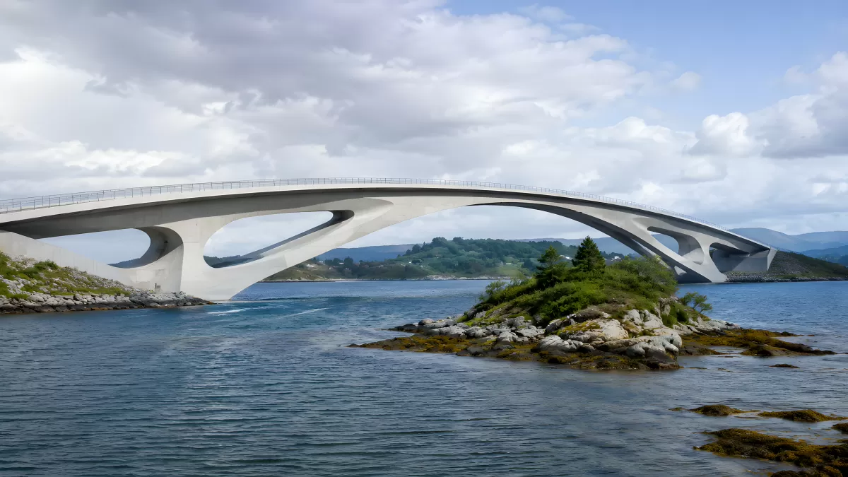 Elegante Bogenbrücke über ruhiges Fjordwasser in Norwegen