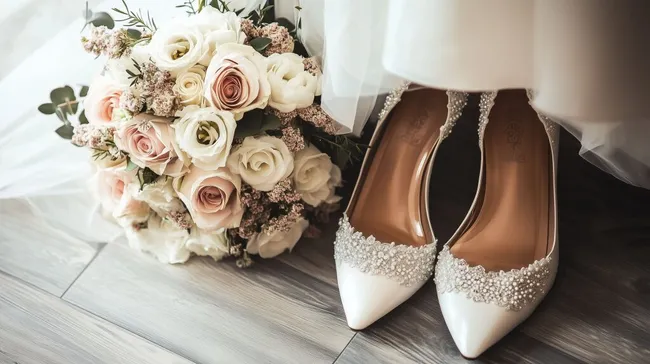 Elegante Brautschuhe und Hochzeitsblumenstrauß