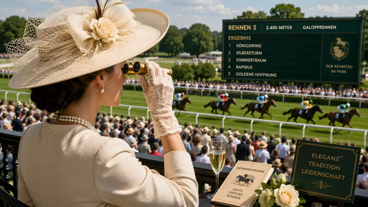 Elegante Dame beobachtet Galopprennen mit Fernglas