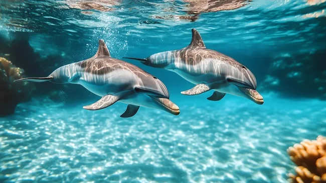 Elegante Delfine in kristallklarem Meerwasser