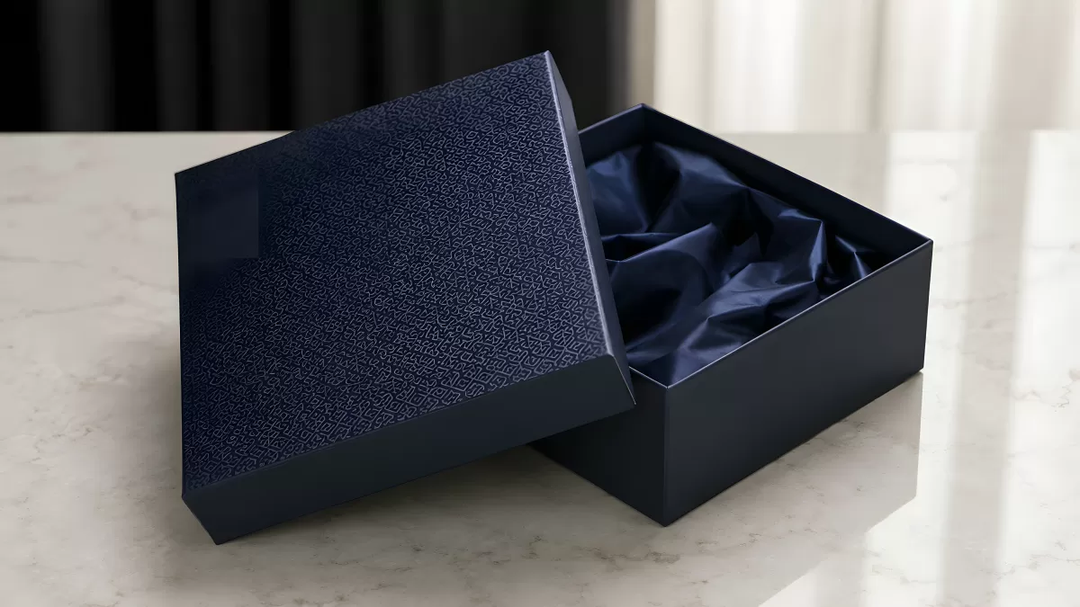 Elegante dunkelblue Geschenkbox mit Seidenstoff offen