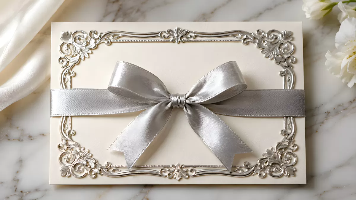 Elegante Einladungskarte mit silberner Schleife