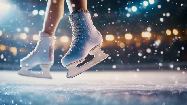 Elegante Eiskunstläuferin bei Sprung auf verschneiter Eisbahn