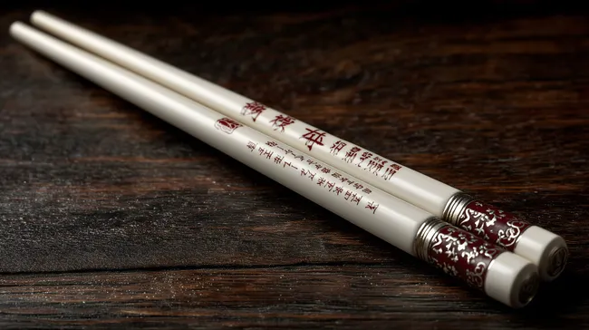 Elegante Essstäbchen mit japanischem Muster auf Holztisch