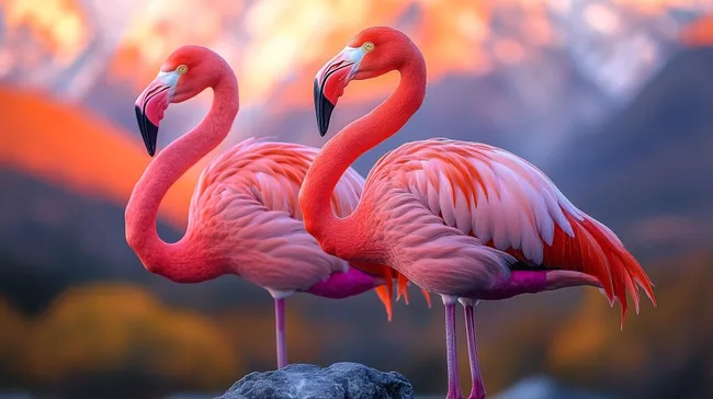 Elegante Flamingos vor dramatischer Berglandschaft