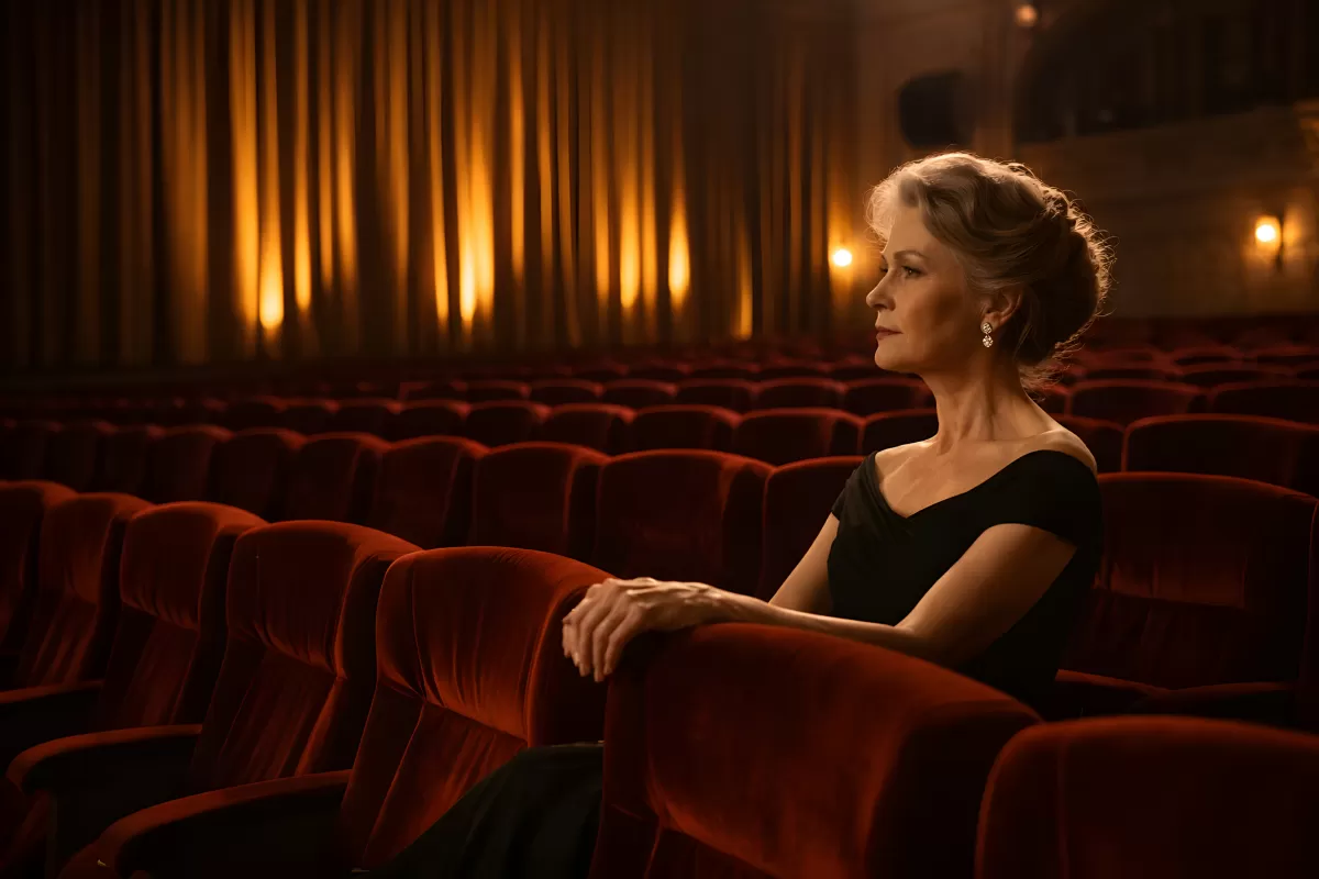 Elegante Frau allein im leeren Theatersaal bei Abend