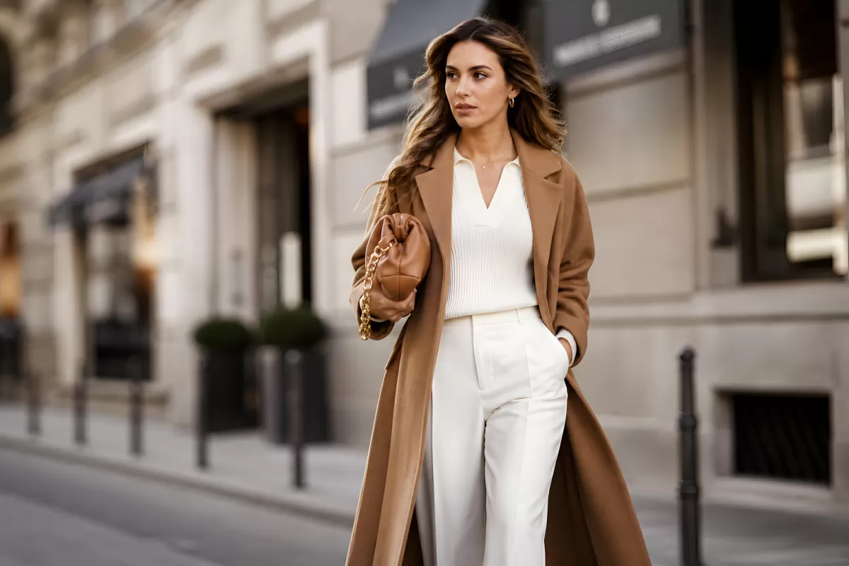 Elegante Frau im Kamelmantel auf Stadtstraße