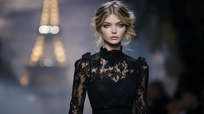 Elegante Frau im Spitzenkleid vor dem Eiffelturm