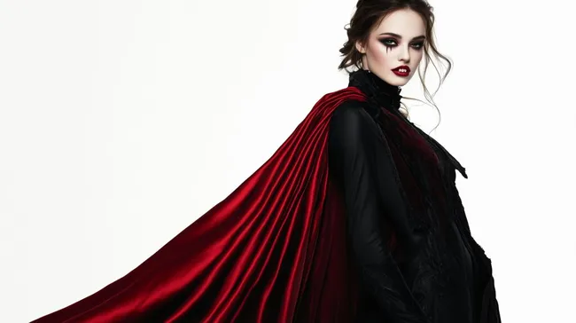 Elegante Frau in Vampirkostüm mit rotem Umhang