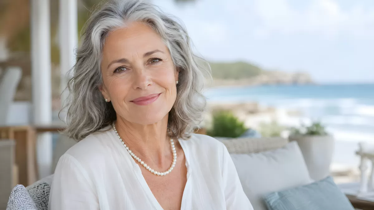 Elegante Frau mit grauem Haar und Perlenkette am Meer