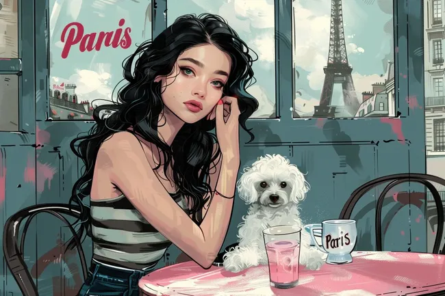 Elegante Frau mit Hund in Pariser Café