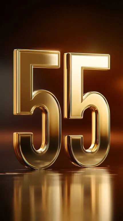 Elegante goldfarbene Jubiläumszahl 55 auf Spiegeloberfläche