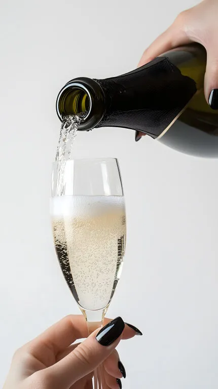 Elegante Hand mit schwarzem Nagellack und Champagnerglas