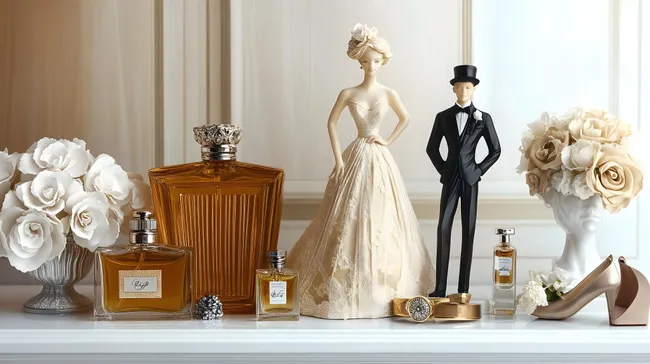 Elegante Hochzeitsdekoration mit Blumen und Parfümflaschen