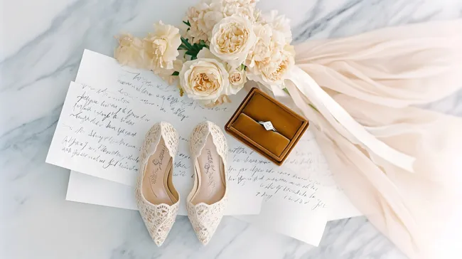 Elegante Hochzeitsdetails mit Diamantring und Brautschuhen