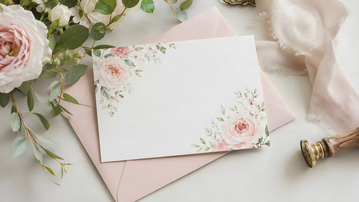 Elegante Hochzeitseinladung mit Rosen und rosa Umschlag