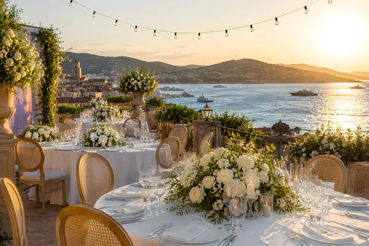Elegante Hochzeitstafel mit Meerblick bei Sonnenuntergang