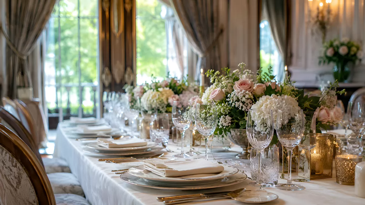 Elegante Hochzeitstafel mit Rosen und Kristallgläsern